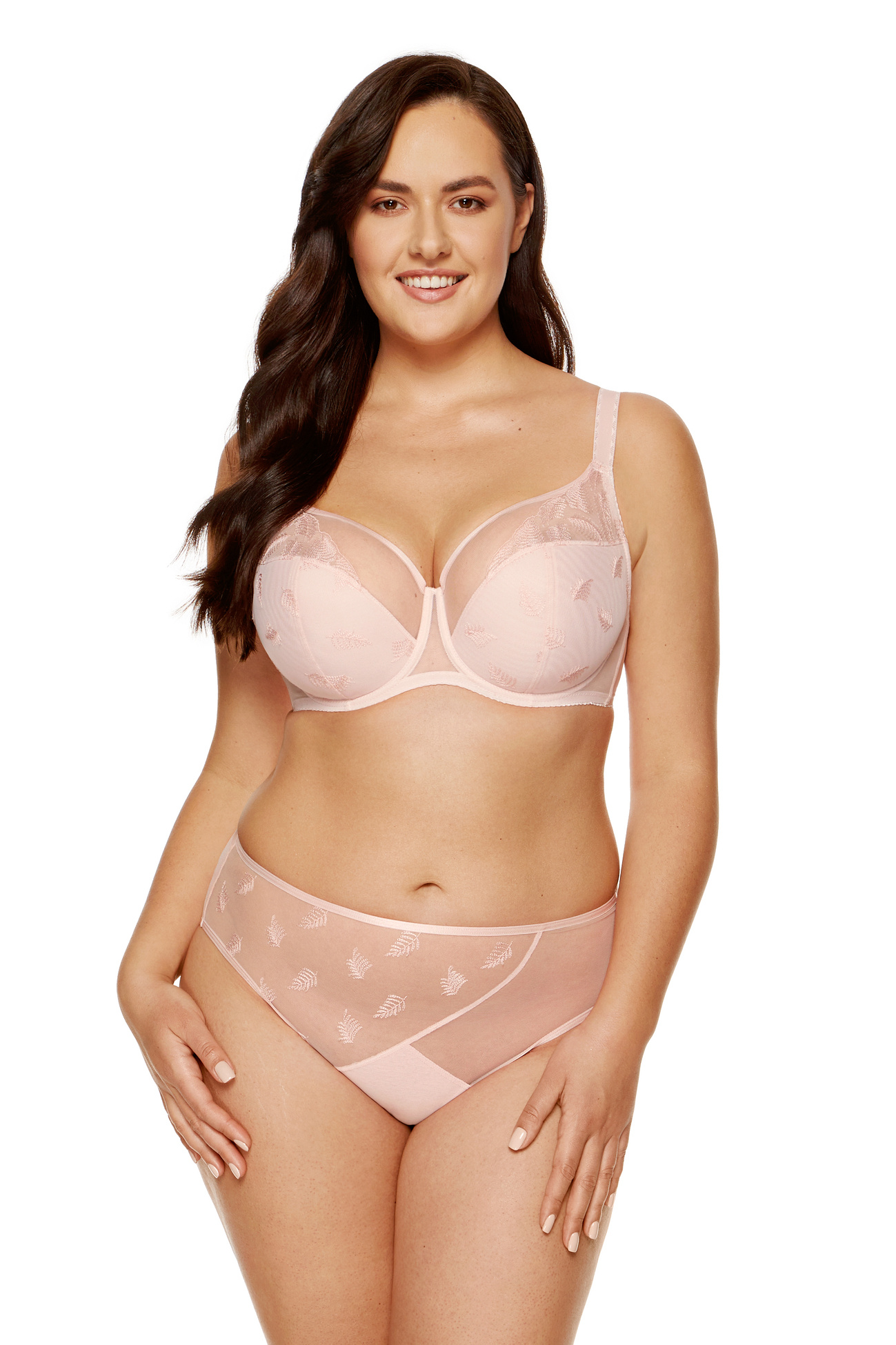 Underwired demi-cup bra transparent tulle pattern embroidery